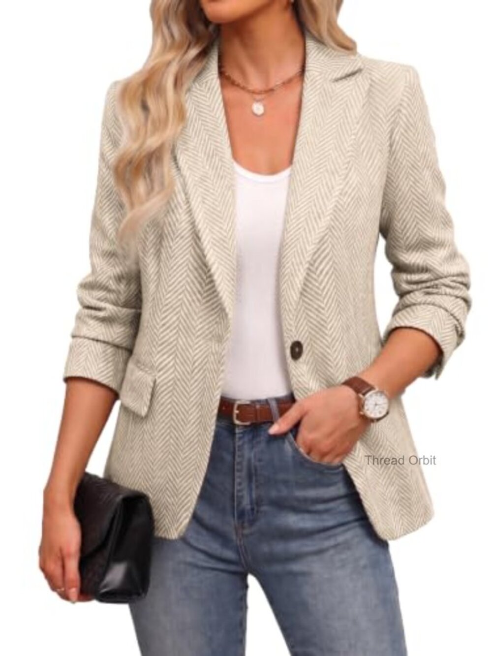 Herringbone Blazer Lightweight Business Casual Notched Lapel Button Jacket